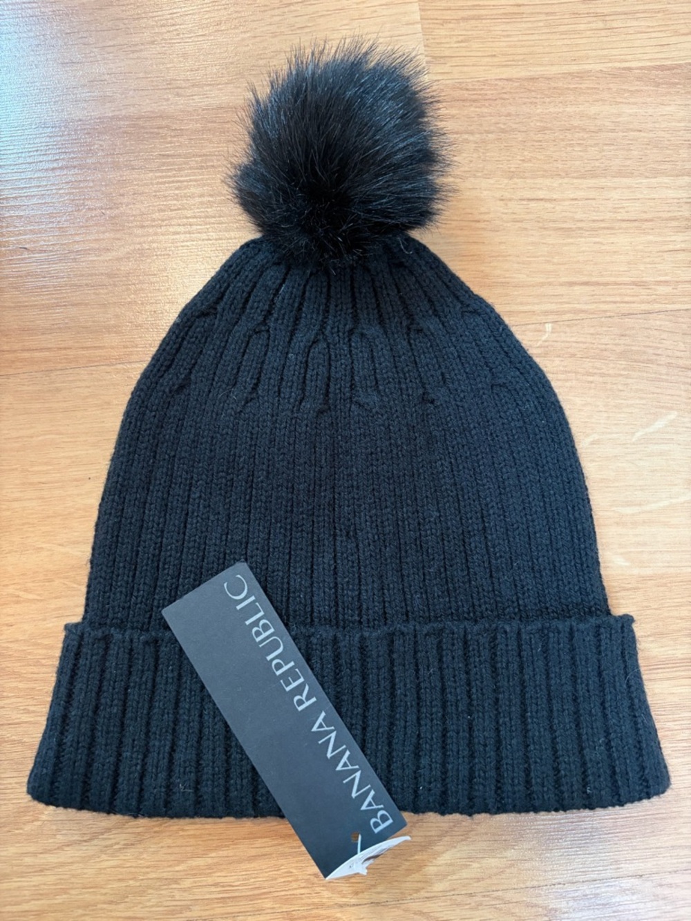 Banana Republic Black Wool Blend Rib Faux Fur Pom Hat